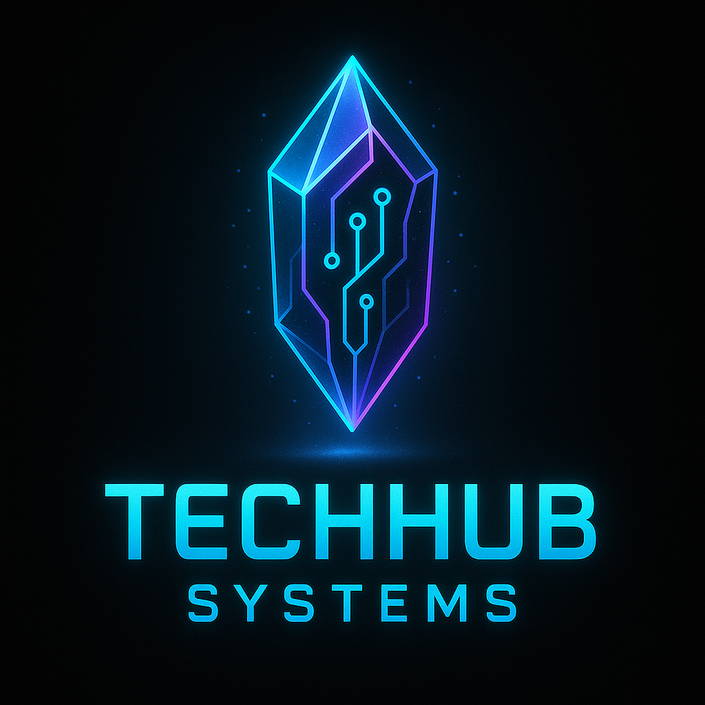 Logo TechHub Systems: cristal tecnológico neon